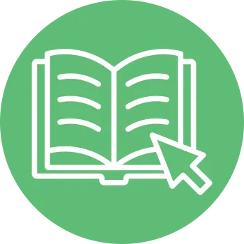 Logo with a green background and white graphic in the center of an open book with a mouse cursor on it