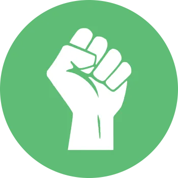 Graphic in white with a green background of a fist raised
